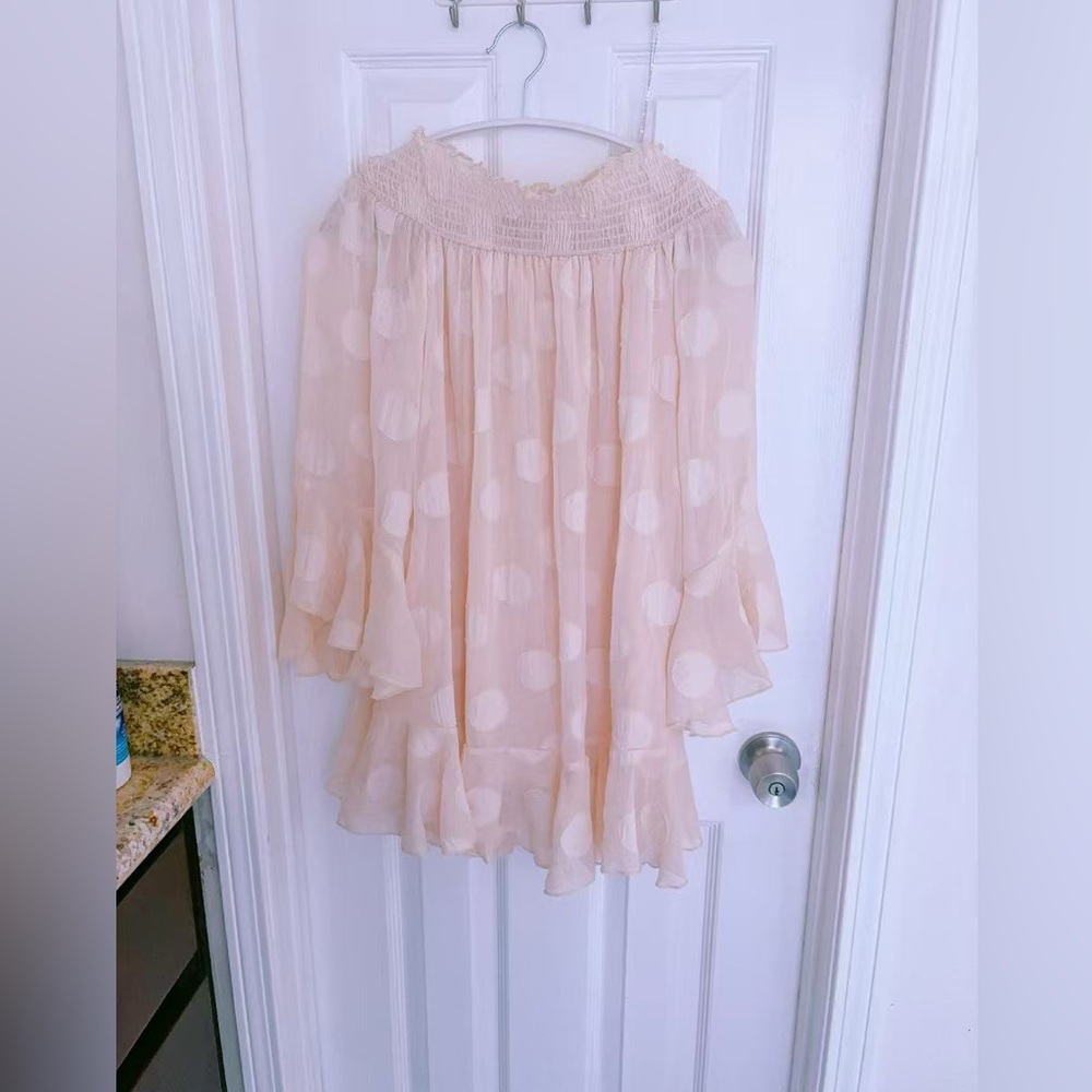 Babydoll Knit Smocked‎ Off Shoulder Blouse Flare Sleeve Peach 8
